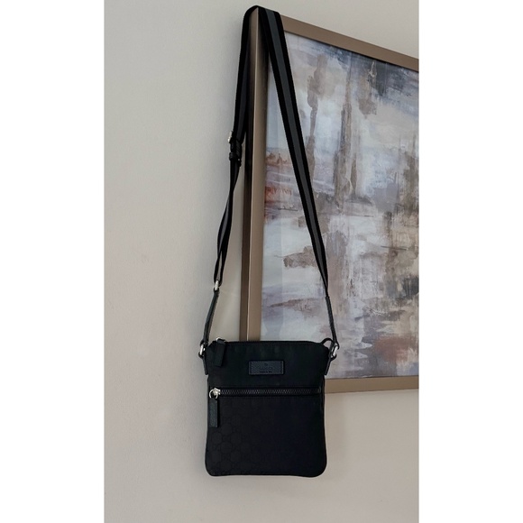 Authentic Gucci Web Black Monogram Nylon Pocket Messenger Crossbody Bag - Picture 11 of 12